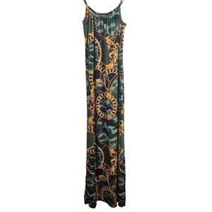 Y2K S Maxi Dress Green Black Gold Chain Links Baroque Revival Camo Street Luxe S